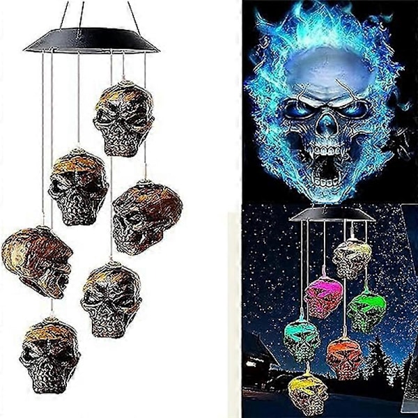 Halloween Dödskalle Skelett LED Solcellsdriven Vindspel för Utomhusbruk, Perfekt för Halloween Veranda Gård Trädgård