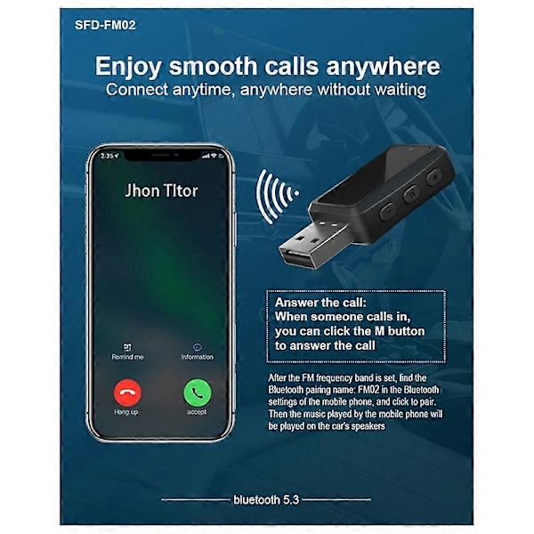 CarBluetooth 5.3 FM02 Sender Mottaker Håndsfritt Anrop Mini USB Strømforsyning Bilsett Billedning