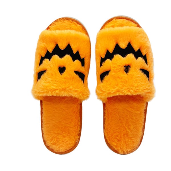 Halloween plysch platta tofflor med djävulsbroderier för höst och vinter Orange Red