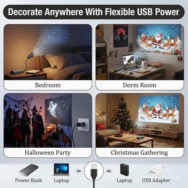 MultiTheme LED-projeksjonsnattlys, utskiftbare mønsterskiver, USB-pluggprojektor for hjemmeferieatmosfære-dekor C-6pcs