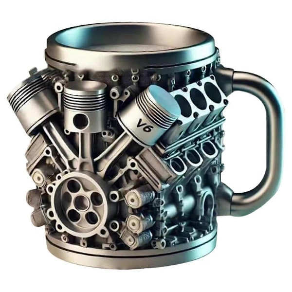 V6 Motorer Rustfritt Stål Kopp Kaffekrus, Bilmotor Kaffekopp med Isolert Håndtak for Bilentusiaster
