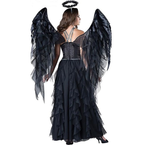 Flera Carnival Halloween Lady Deluxe Dark Angel kostym Fallen demonisk fjäder Halo Wings Rollspel Cosplay Fancy festklänning Black 01 XL