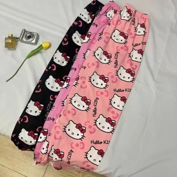 Søde lyserøde Hello Kitty pyjamasbukser, komfortabelt og stilfuldt loungewear Black M