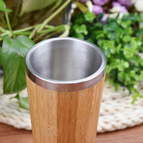 2X 450ml Bambu Kaffekopp Rostfritt Stål Kaffe Resemugg med Läcksäkert Lock Isolerad Kaffe