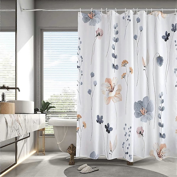 Akvarel Blomster Bruseforhængssæt, Blå Beige Blomster Badeværelsesforhæng, Moderne Minimalistisk Hvidt Badeforhæng, Vandtæt Stof med 12 Kroge 183x183 cm
