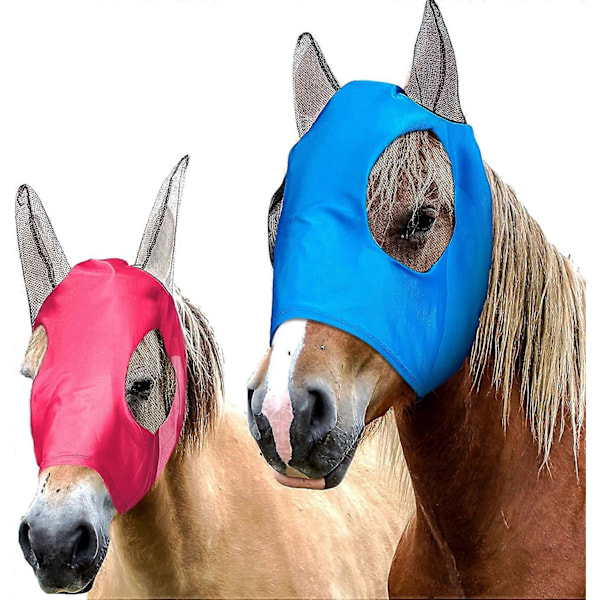 2 Stykker Heste Flue Maske Komfort Flue Masker for Hester Elastisk Hestemaske med Ører og Lang Nese Beskyttelse Glatt Mesh Hodebeskyttelse for Hest, Blå, Rosa
