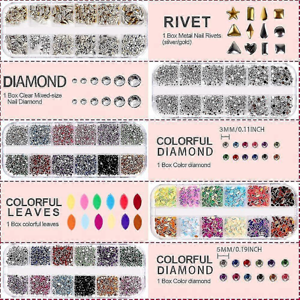 5 Esker Neglelakk Rhinestones Og 36 Potter Folie Flak, Profesjonell Neglepynt Med Edelstener For Negler Stud Folie For Neglekunst