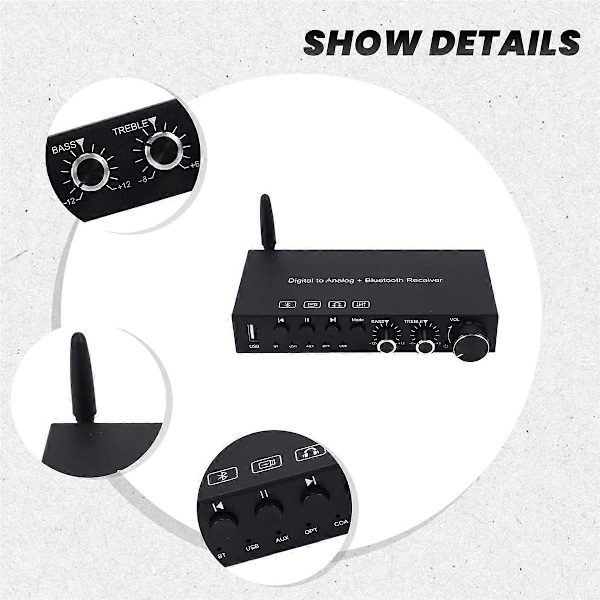 USB 192KHz DAC Digital til Analog Konverter med Hodetelefonforsterker Innebygd Bluetooth 5.0 Mottaker