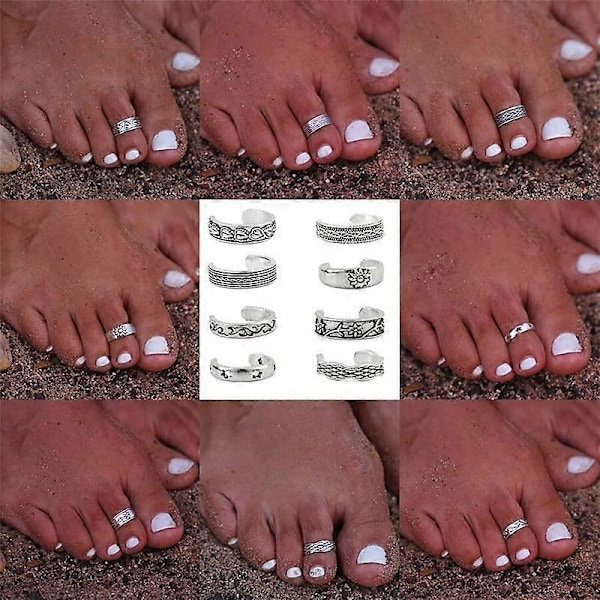 8 stk. Sølv Tåringer Pakke for Kvinner Åpne Tå Fingerringer Sett for Tenåringsjenter Fotringer Boho Smykker for Sommersandaler Strand Hennes Gave