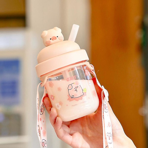JUSCH Jiji gris halm vattenkopp högkvalitativ studentvattenkopp bärbar utomhus mjölktekopp multi-sakura gris 330ml(WZ2114),QINWEI-123