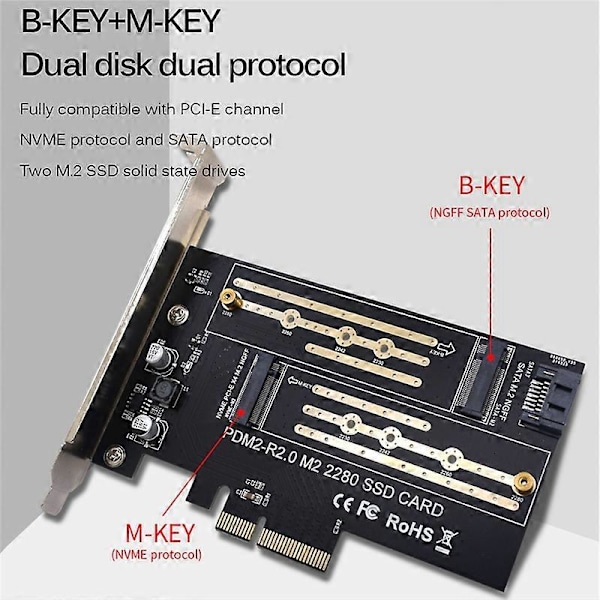 PCIE-sovitinkortti, jossa kaksi M.2 NVME -liitäntää Pcie 4X M2 SSD -sovittimeen B/M-avaimella, tukee PCI Express 3.0 2230-2280