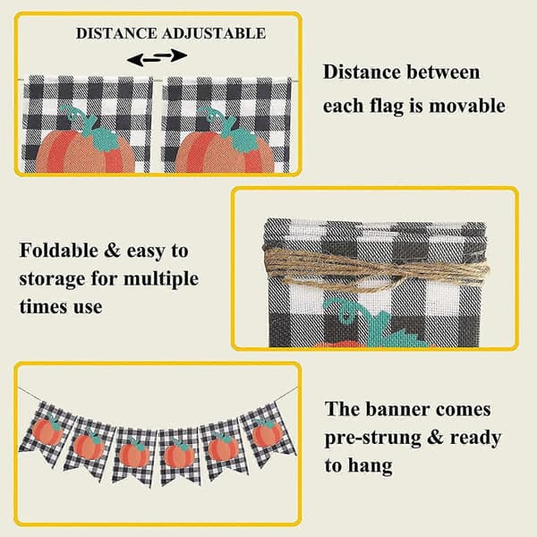 Græskar Banner Rustik Hvid Sort Buffalo Plaid Vimpel Flag Guirlande