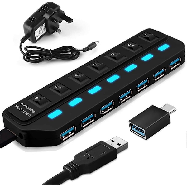 USB Hub 3.0 adapterilla, 7 porttia Superspeed USB Hub