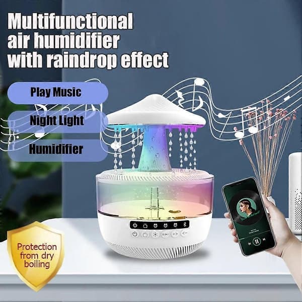 Regnmoln Luftfuktare 350ml Eterisk Olja Diffuser Bluetooth Högtalare Regndroppe Luftfuktare med Nattlampa US-kontakt White Us plug
