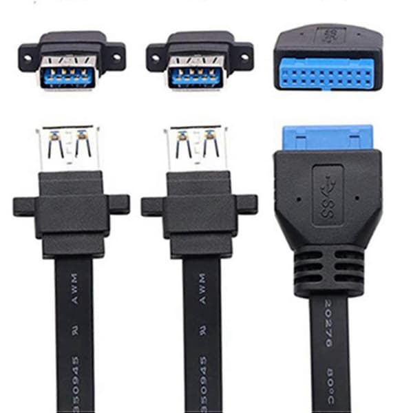 Dobbel USB 3.0 Hunn Skruepanelmontering til Hovedkort 20-pinners Header Flat Kabelledning
