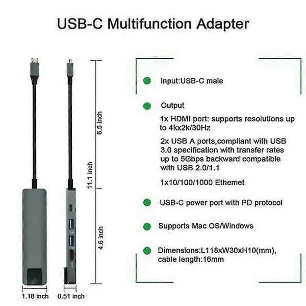 5-in-1 USB Type C Hub -sovitintelakka 4K HDMI PD RJ45 Ethernet LAN -latauksella