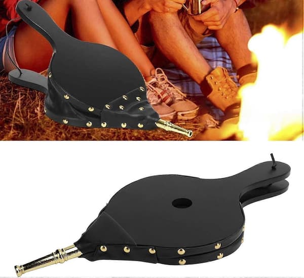 Eldbälg i trä, lämplig för grill, grillar och eldstäder, med slitstarkt PU-läder.