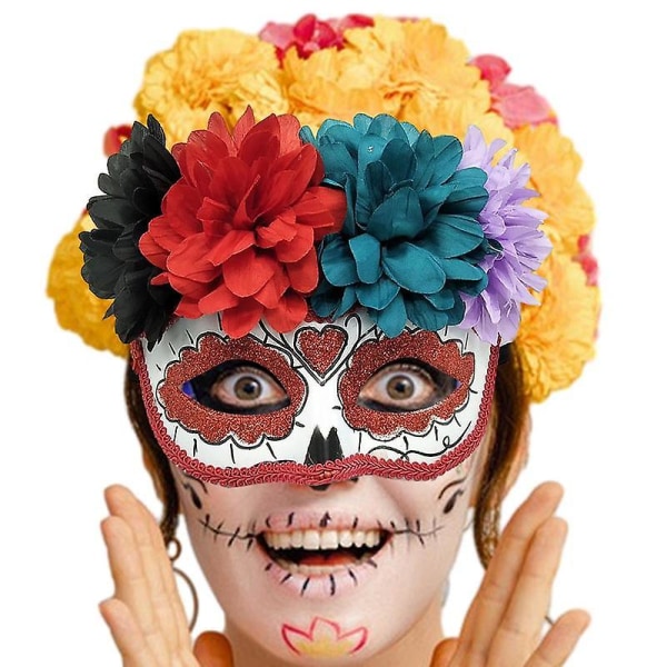 Day Of The Dead Face Cover Sugar Skull Blommor Dekor Halv Masque Halv Face Cover Prydnadskläder Tillbehör för Halloween-fest Red