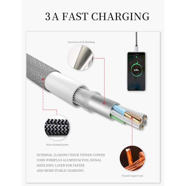 6-pack 2-meters flätade Lightning-datakablar för Samsung, Xiaomi och Huawei