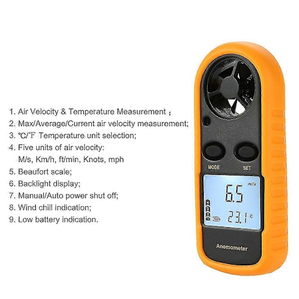 LCD Digital Anemometer Vindhastighedsmåler Luftstrømshastighedsmåling Indikator Termometer Med Baggrundsbelysning