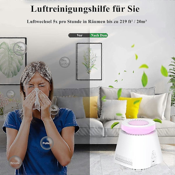 Luftrenser for hjemmet, h13 ekte HEPA-filtre, 7 farger nattlys, USB, fjerner 99,97 % støv, røyk, pollen
