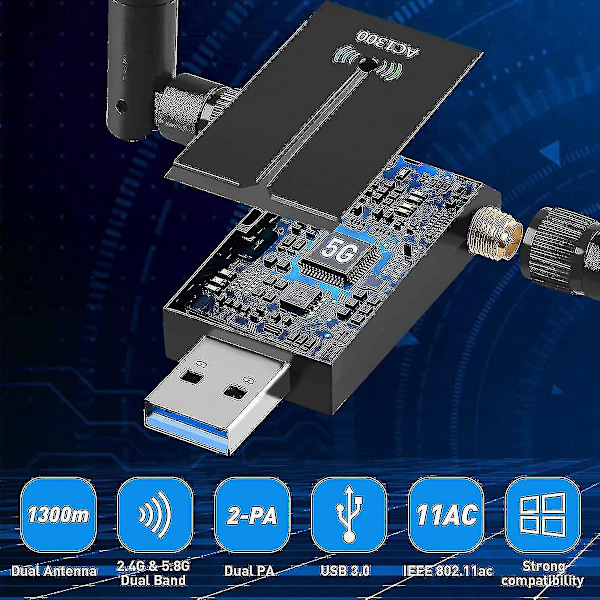 Långräckviddig USB WiFi-adapter för PC, stationär dator och bärbar dator - 1300 Mbps dubbelbands 2,4 GHz 5 GHz trådlös adapter