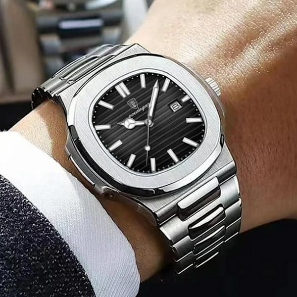 POEDAGAR Business Vandtæt Ur Lysende Dato Rustfrit Stål Firkantet Quartz Herreur Black