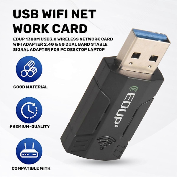 EDUP 1300M USB3.0 Trådløst Nettverkskort WiFi Adapter 2.4G & 5G Dual Band Stabil Signal Adapter for P