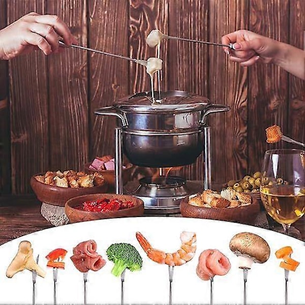 6 stk. 24 cm Farvekodede Fonduegafler i Rustfrit Stål, Ostefonduegaffel i Rustfrit Stål Frugtfonduegafler med Varmeisolerende Håndtag til Chokolade