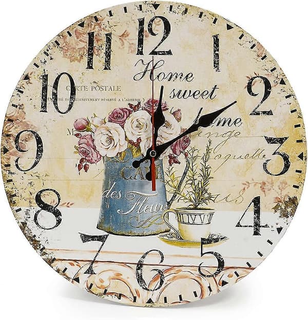 34cm Vintage Rustik Väggklocka, Tyst Träurtavla Timerklocka För Hem Vardagsrum Sovrum Kontor Café Bar Dekor (kaffe Och Blomma)