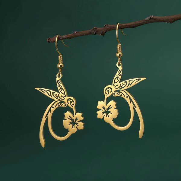 Kolibri Blomst Vedhæng Dingle Øreringe til Kvinder Smykker i Rustfrit Stål Guld Sølv Farve Dråbeøreringe Tilbehør Silver