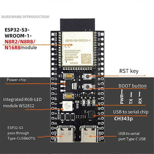 ESP32-S3 Utvecklingskort Kit Wifi BT Modul ESP32-S3-N16R8-Lödd