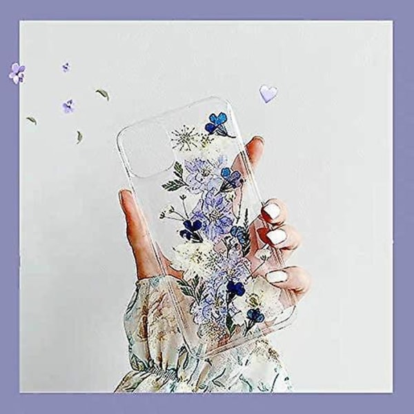 Design för iPhone 12 Skal Blomma, Klar Glitter Pressad Äkta Blommig Mjukt Slimmad Skyddande Gummi Blommig Sött Skal för Kvinnor Flickor (Marinblå Blomma)