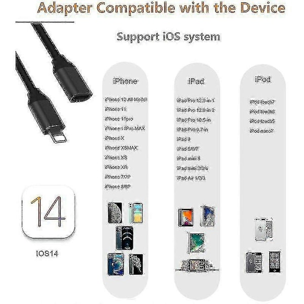 1 metrin Lightning-jatkokaapeli iPhone iPadille, iPhone-jatkokaapeli Apple MFi -sertifioitu naaras-urosliitin, tukee äänen, videon, musiikin ja datan siirtoa