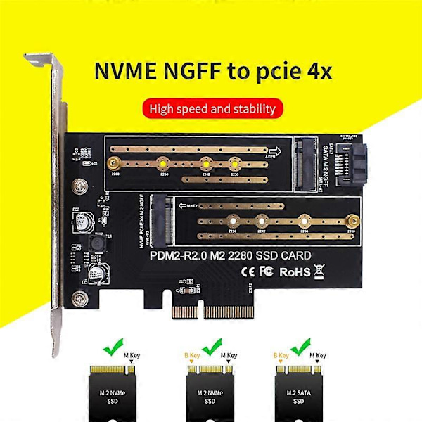 PCIE-sovitinkortti, jossa kaksi M.2 NVME -liitäntää Pcie 4X M2 SSD -sovittimeen B/M-avaimella, tukee PCI Express 3.0 2230-2280