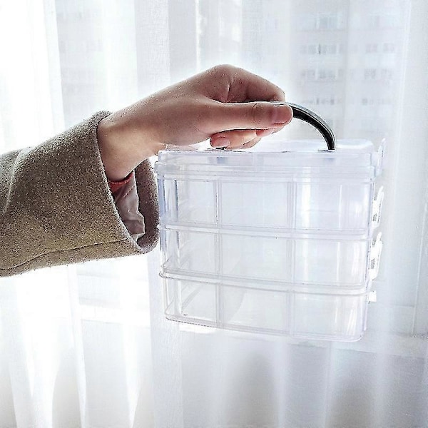 3-kerroksinen kirkas muovinen pinottava säilytyslaatikko - säädettävät lokerot - jopa 18 lokeroa