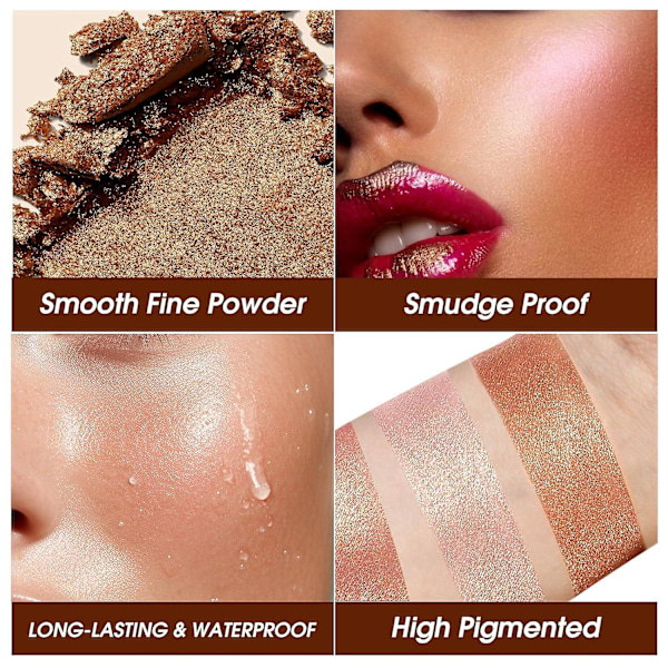 Highlighter Pudder Palette, Sminkepalett Ansikts Bronzers Illuminator Palette Highlighter Bakt Vanntett Langvarig