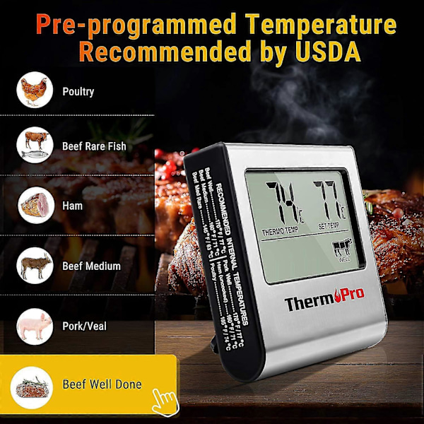 Tp16 Digital Kötttermometer Med Stor LCD-Display För Rökugn Kök Godis BBQ Grilltermometer Med Timer Och Rostfritt Stål Tempe
