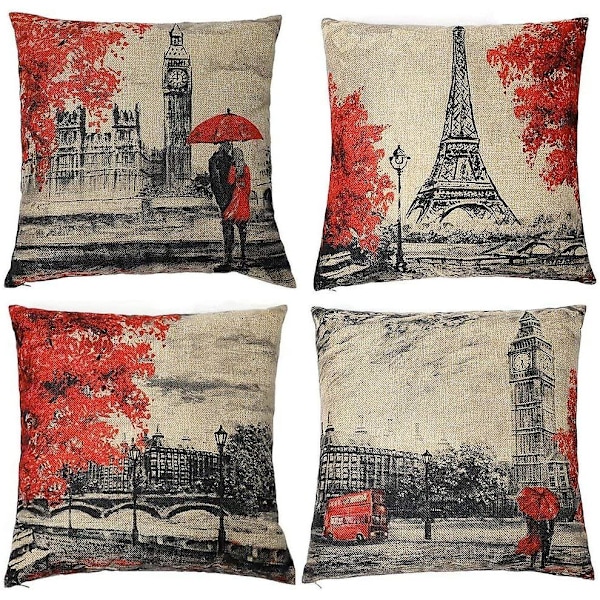 Koristetyynynpäälliset 45 x 45 cm, musta ja punainen väri, Eiffel-torni ja Big Ben -tyynyliina, koristeellinen
