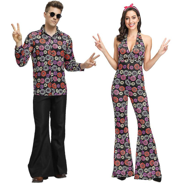 Flerfärgat par 60-tal 70-tal Hippy Disco Kostym Retro Rockabilly glänsande skjorta Cosplay Carnival Halloween Fancy Party Dress A1 M