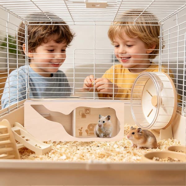 Hamsterbur med åbenbar top, trætunnel, muselegetøj, hamsterindhegning study