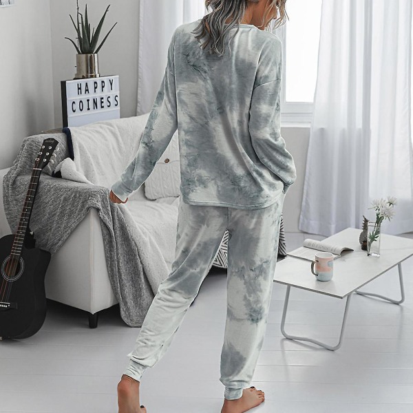 Kvinnors Tie Dye Casual Kostym Långärmad Sweatshirt Topp + Dragsko Byxor Kostym Casual Jogging Lounge Wear Gray M