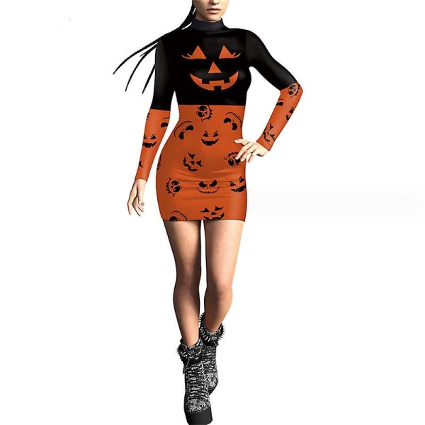 Skelettklänning för damer Halloween kostym Stretchig långärmad miniklänning COLOR 1 XL