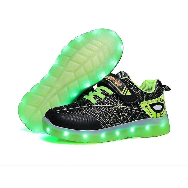 Barn Sneakers Led Lights Löparskor Spindelnätsmönster Flickor Pojkar Casual Skateboard Skor USB Charging Luminous Sportskor 807Black Green 35