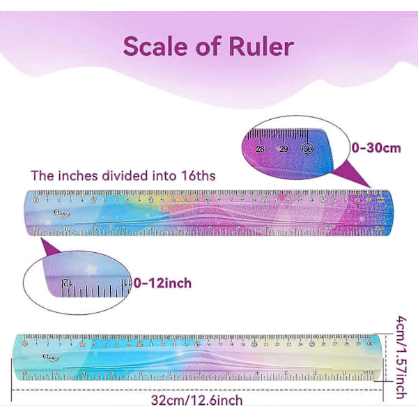 Set med 2 linjaler 30 cm Flexibel linjal Mjuk linjal Plast Färgglad linjal Set för studenter Rak kant linjal för barn och vuxna Studenter Skola C