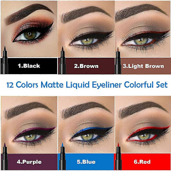 12 st Matt Flytande Färgad Eyeliner Set Färgglada Neon Eye Liners Regnbåge Eyeliner Penna Snabbtorkande Ögon Makeup Penna
