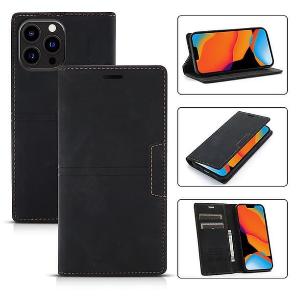 Etui til iPhone 12 Pro med kortholder, sort PU læder etui, wallet flip til Apple iPhone 6,1 tommer