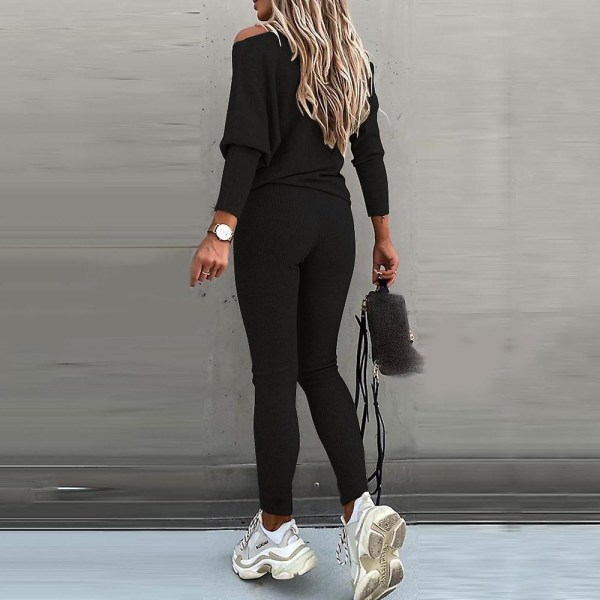 Kvinnor Vanlig Casual träningsoverall långärmad T-shirt Leggings Skinny Pants Outfit Set Black XL