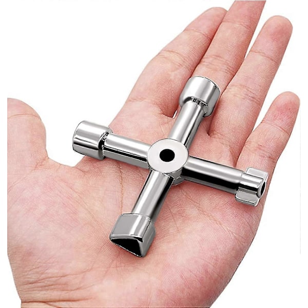 Multifunksjon 4-veis universal trekantnøkkel, multifunksjonell, universal kryssbryternøkkel, for heiser, elektriske skap, ventiler (sølv)