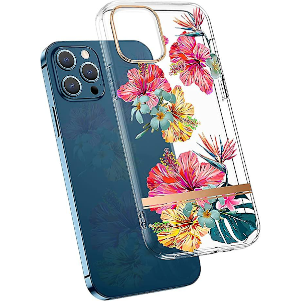 Kukkakuvioinen suojakotelo iPhone 12 Promax 6.7 tuumalle, Läpinäkyvä design naisille ja tytöille, Suojaava kova kuori iskunkestävä Slim Fit kukka puhelinkotelo